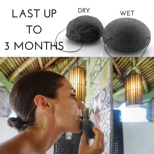 Woman applying sukime's moringa face cleansing bar using charcoal konjac sponge.