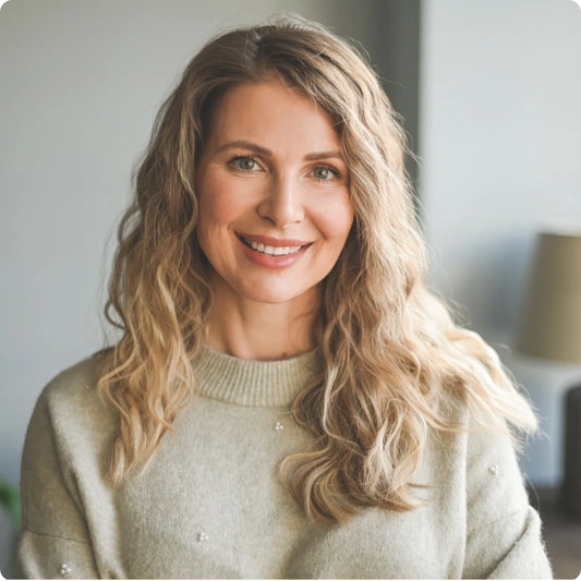 Beautiful woman with long blonde hair, best face oil & scalp stimulator oil