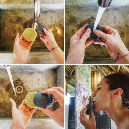 How to apply the moringa face cleansing bar with a charcoal konjac sponge. Wet the sponge and bar, rub bar in circles until foamy, apply to face. 