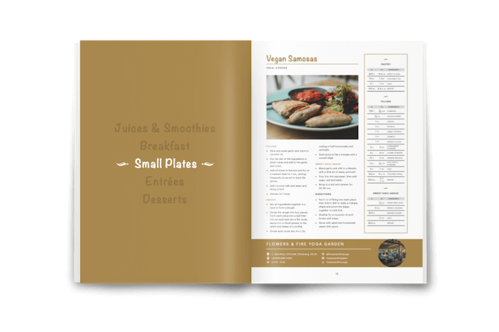 The Bali Vegan Book showing Vegan Samosa recipe from Flowers And Fire Yoga Garden . Bali vegan guide. Easy vegan recipes. 