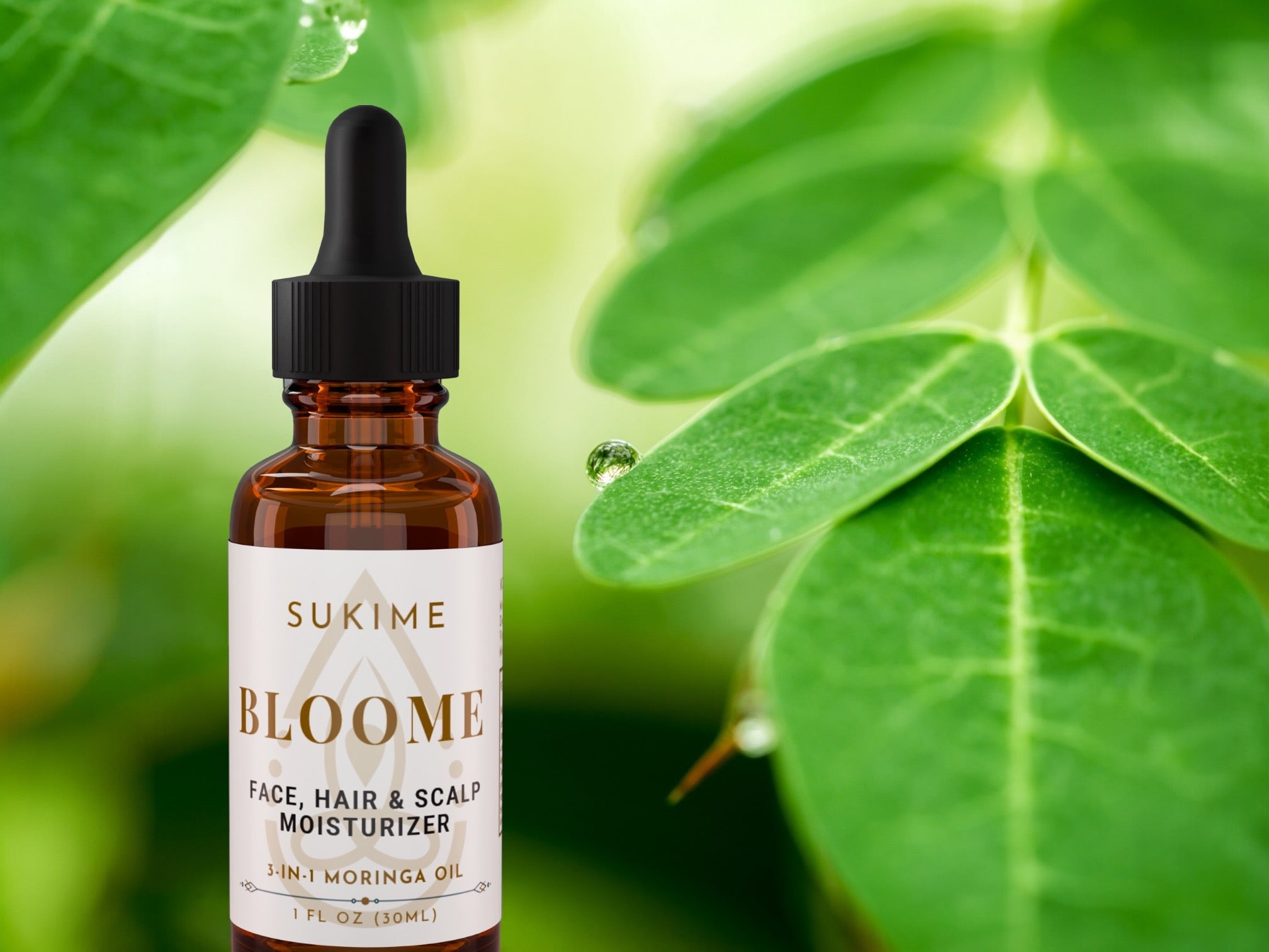 Bottle of Sukime Bloome face, hair, and scalp moisturizer with a dropper against a green leaf background.
