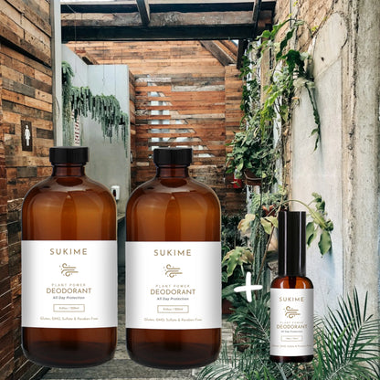 3 bottles of Deodorant with a wood and plant bathroom backdrop