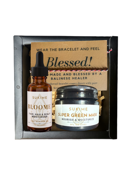 Sukime skincare products including a bottle and jar in a box with a card.