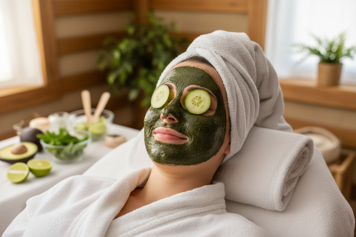 Woman with dark green paste face mask
