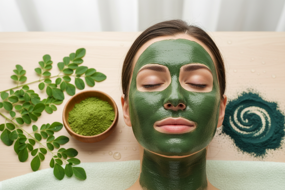 Woman with a dark green face mask, Moringa, Matcha & Spirulina as ingredients in background